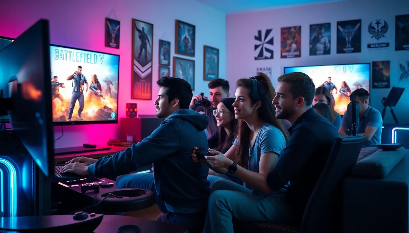 diverse gamers playing Battlefield V in a modern living room.