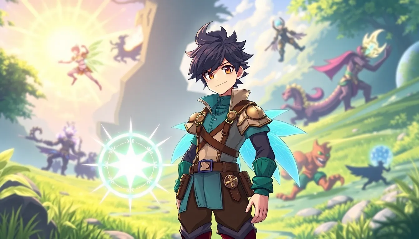 Bennett from Genshin Impact with healing effects in a fantasy landscape.