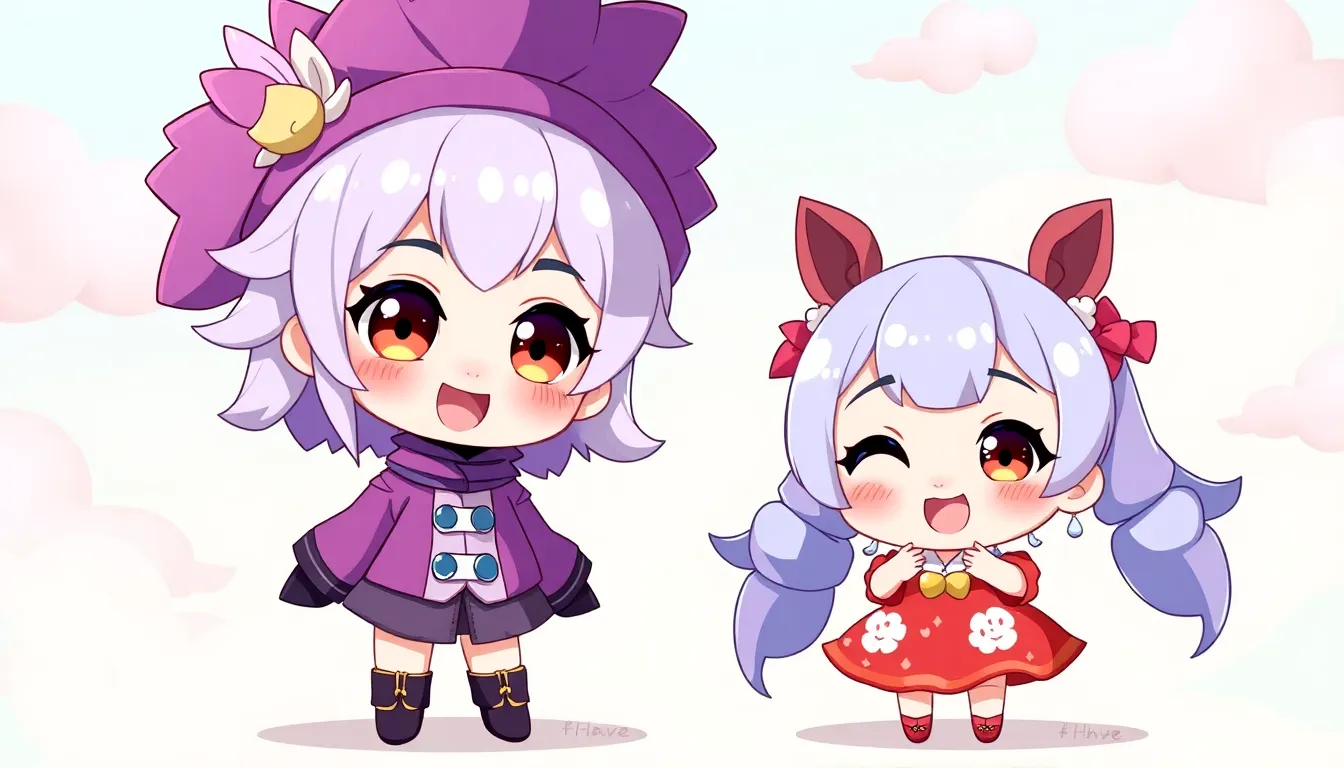 Chibi versions of Genshin Impact characters Fischl and Klee in a colorful setting.