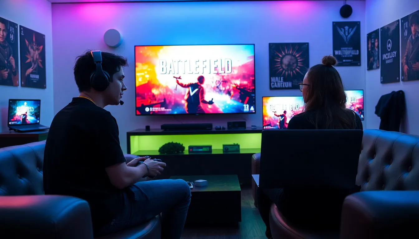 diverse gamers participating in crossplay in a modern gaming lounge.