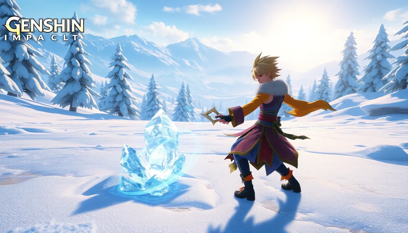 Genshin Impact character thawing icy shards in a winter landscape.