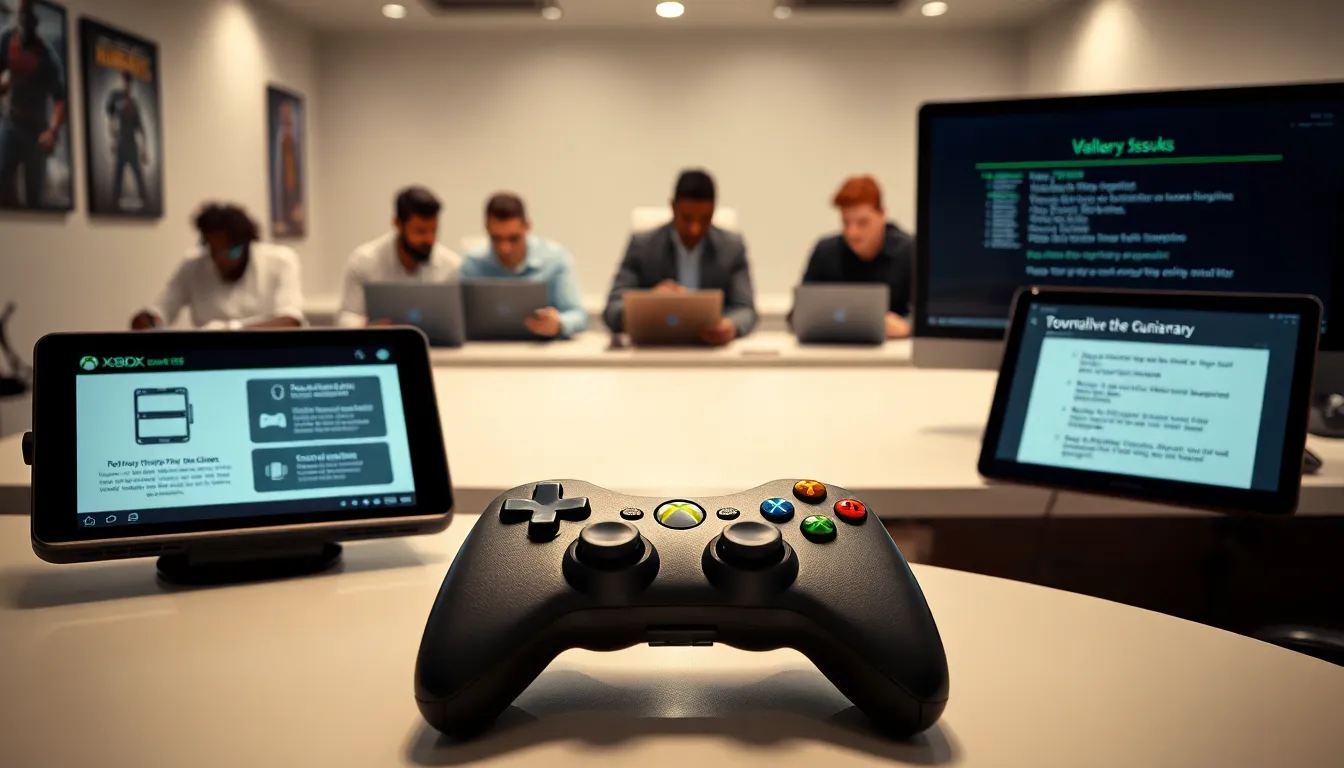 Xbox 360 controller and tech devices on a sleek desk.
