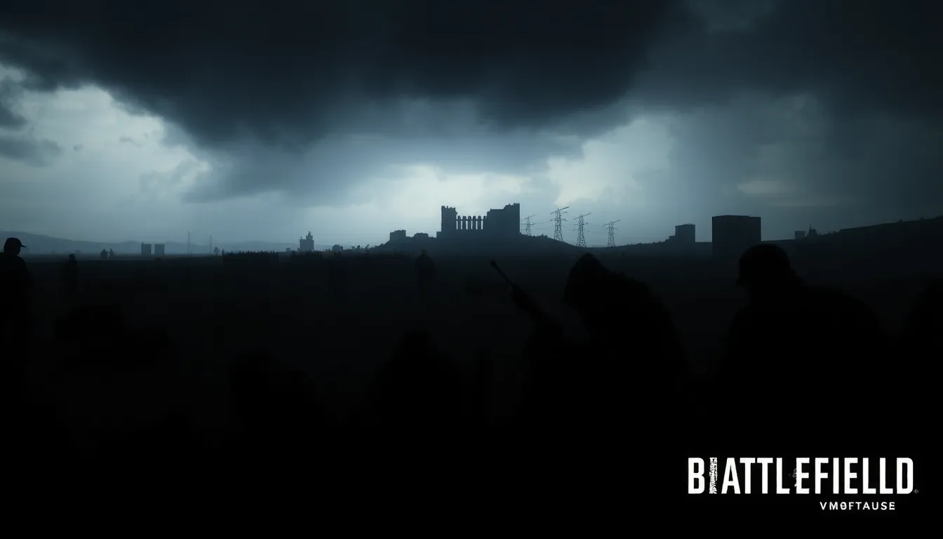 soldier in dark battlefield setting with stormy clouds.