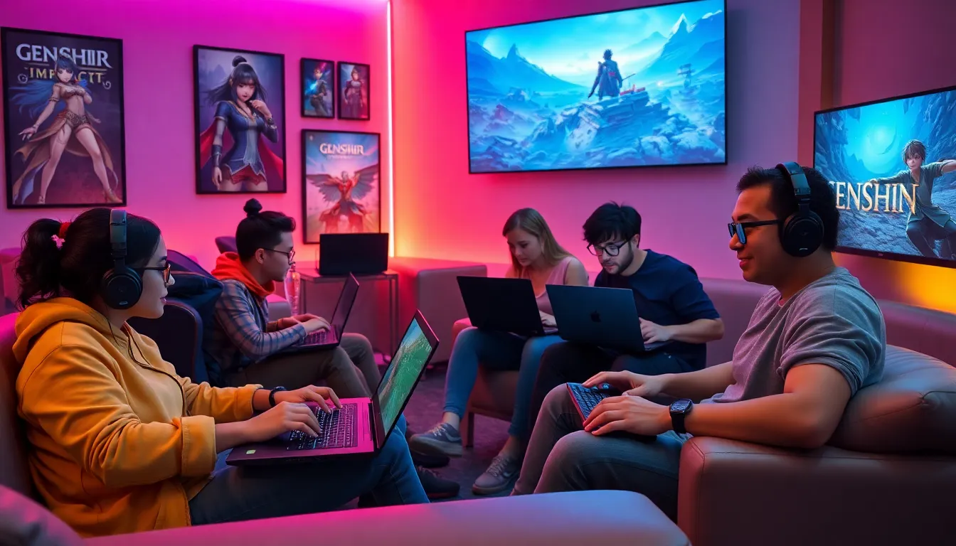 diverse gamers playing Genshin Impact in a modern gaming lounge.